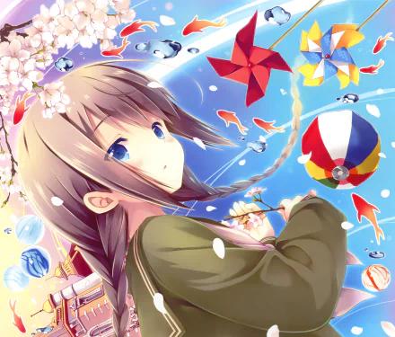 Anime original girl with long braided brown hair, blue eyes and a soft blush beneath cherry blossoms; pinwheels, goldfish, beach balls and marbles float around — 2K Quad HD PC desktop wallpaper