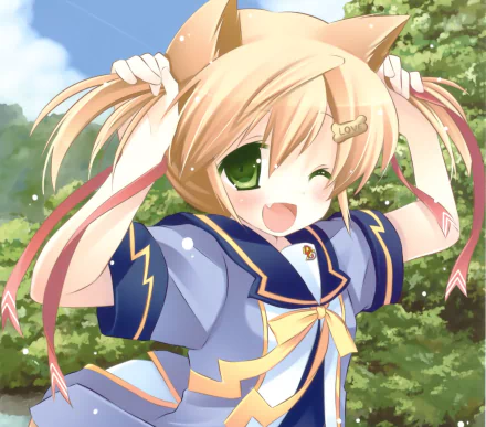 twintails ribbon wink blush brown hair short hair green eyes smile Anime Original HD Desktop Wallpaper | Background Image