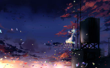 Anime-style HD desktop wallpaper showing a short-haired character in a dress surrounded by petals against a vibrant sky near a rooftop water tower.