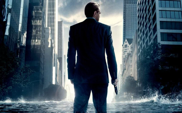A dramatic HD wallpaper from the movie *Inception*, featuring a figure in a suit standing in a flooded urban landscape, with towering skyscrapers in the background.