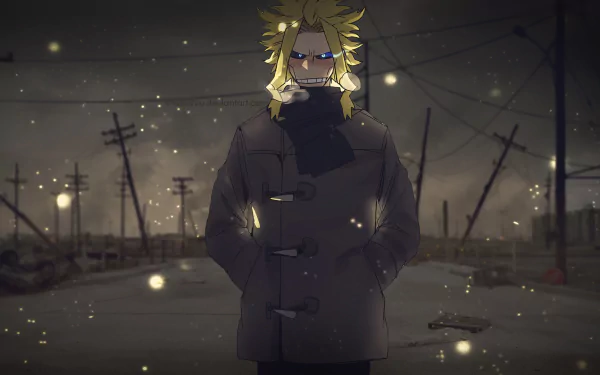 HD wallpaper of All Might from My Hero Academia, standing in a dark, desolate urban setting, surrounded by floating particles.