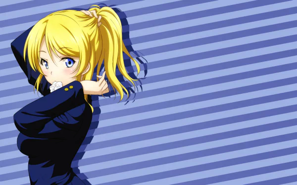 Eri Ayase (Love Live! anime) with a blonde ponytail in a navy uniform on blue diagonal-striped background — HD PC desktop wallpaper.