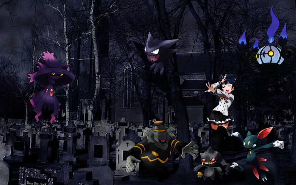 HD PC desktop wallpaper: anime crossover of Yoshiko Tsushima in a moonlit graveyard, surrounded by ghost-type Pokémon and shadowy spirits.