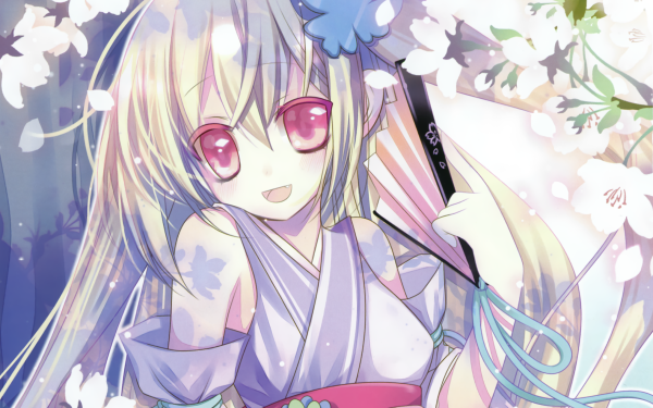 Anime Original Long Hair Fan Pink Eyes Kimono Cherry Blossom Blonde Butterfly HD Wallpaper | Background Image