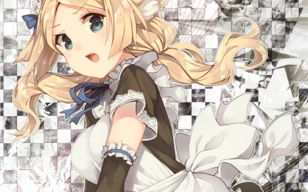 Anime-style original character with long blonde hair, blue eyes, pointed ears, wearing a maid outfit with apron, gloves, and ribbon, featuring a soft blush on her cheeks.