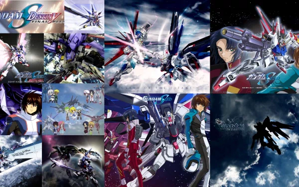 A dynamic HD desktop wallpaper featuring various Gundam robots in an anime style, showcasing dramatic battles and vibrant visuals against a cosmic backdrop.