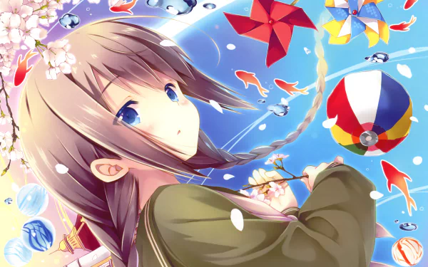 cherry blossom pinwheel blue eyes blush long hair brown hair fish ball braid Anime Original HD Desktop Wallpaper | Background Image