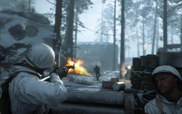 HD desktop wallpaper from Call of Duty: WWII depicting a snowy battlefield scene with soldiers in white gear aiming rifles amidst an intense exchange of gunfire and explosions.