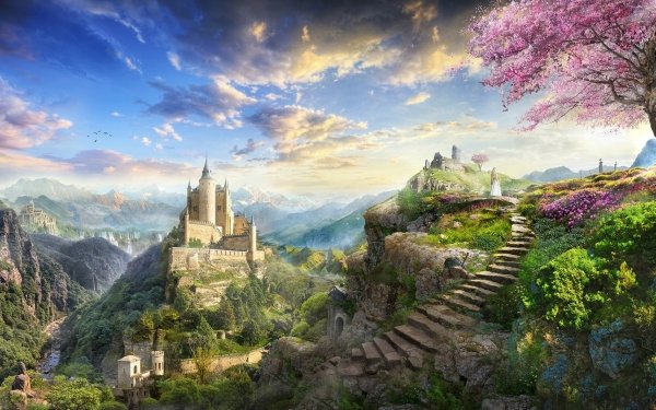 Artistic Fantasy Landscape Castle Tree Flower HD Wallpaper | Background Image