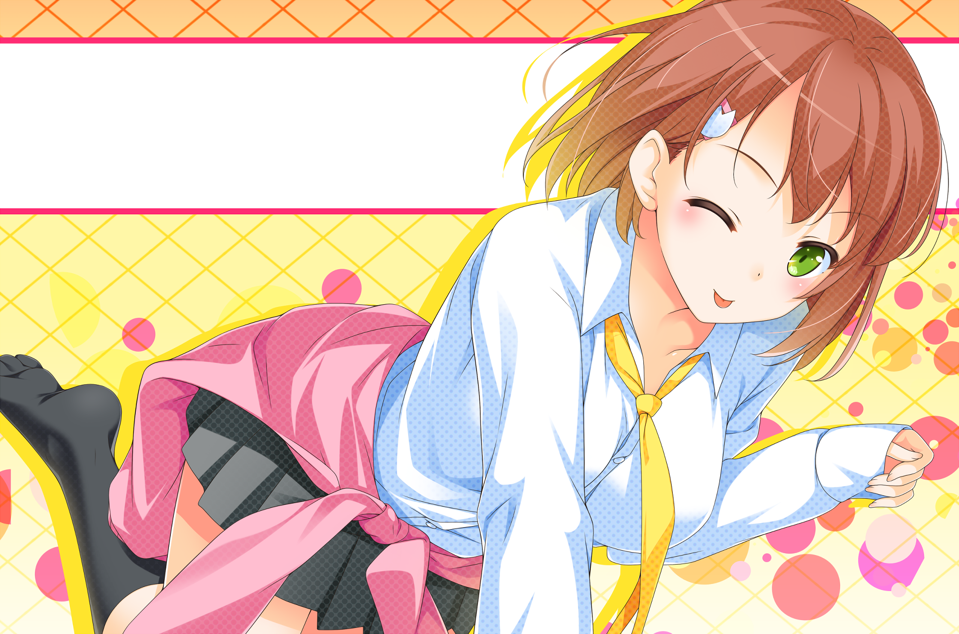 Anime original HD PC wallpaper/background: winking brown-haired schoolgirl with green eye, white shirt, yellow tie and pink sweater at her waist over a black skirt on a bright yellow background.