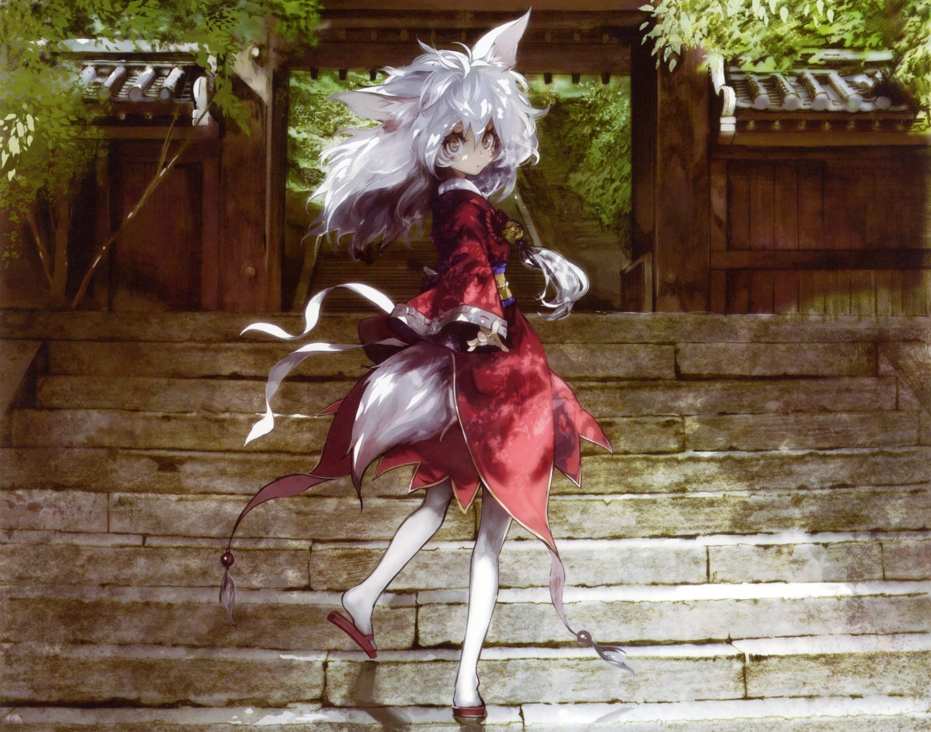 Download Blush Grey Eyes White Hair Long Hair Kimono Tail Anime Original HD Wallpaper by banpai akira