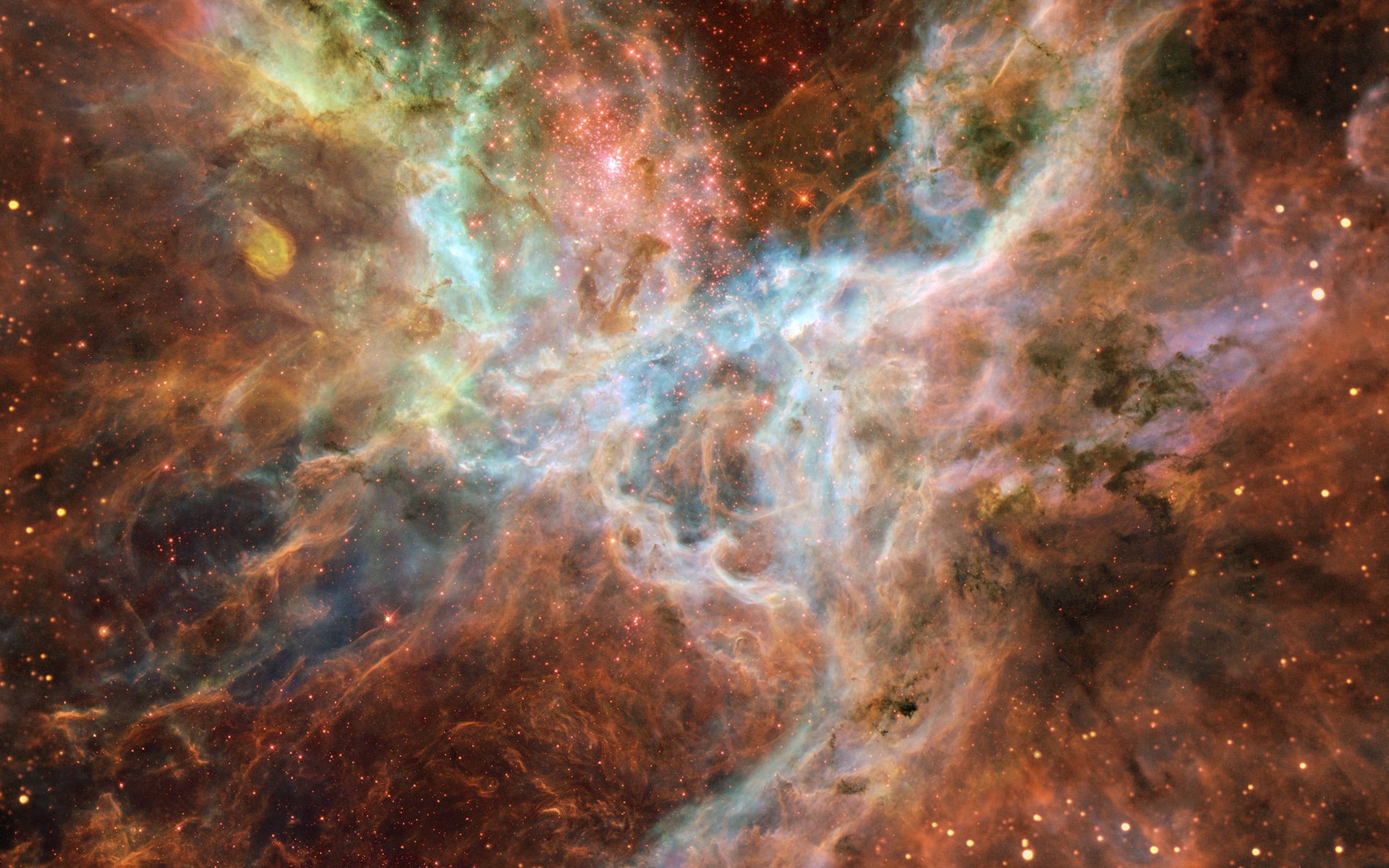 HD PC desktop wallpaper featuring a vibrant sci-fi nebula with swirling clouds of interstellar gas and bright stars in rich colors.