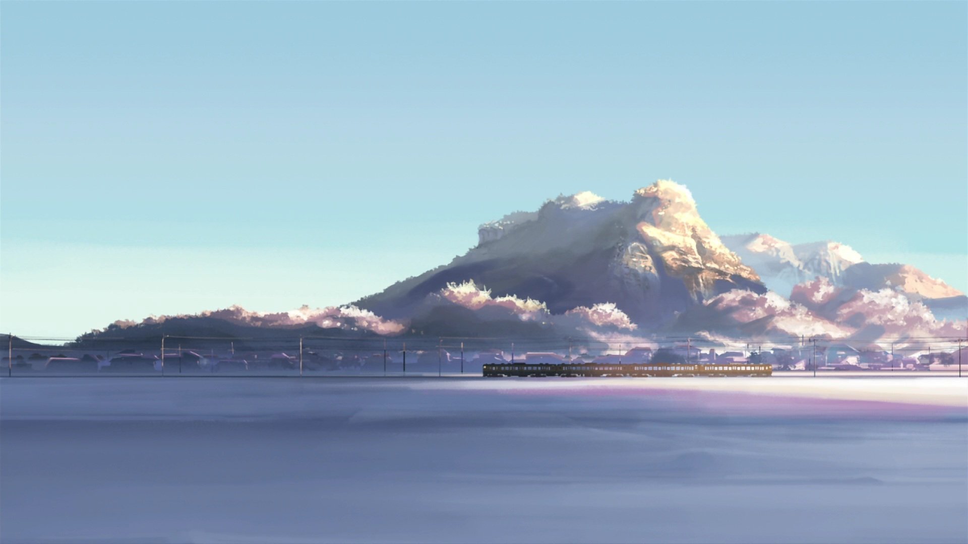 HD desktop wallpaper of an anime scene from 5 Centimeters per Second, depicting a serene landscape with a majestic mountain and a tranquil sky.