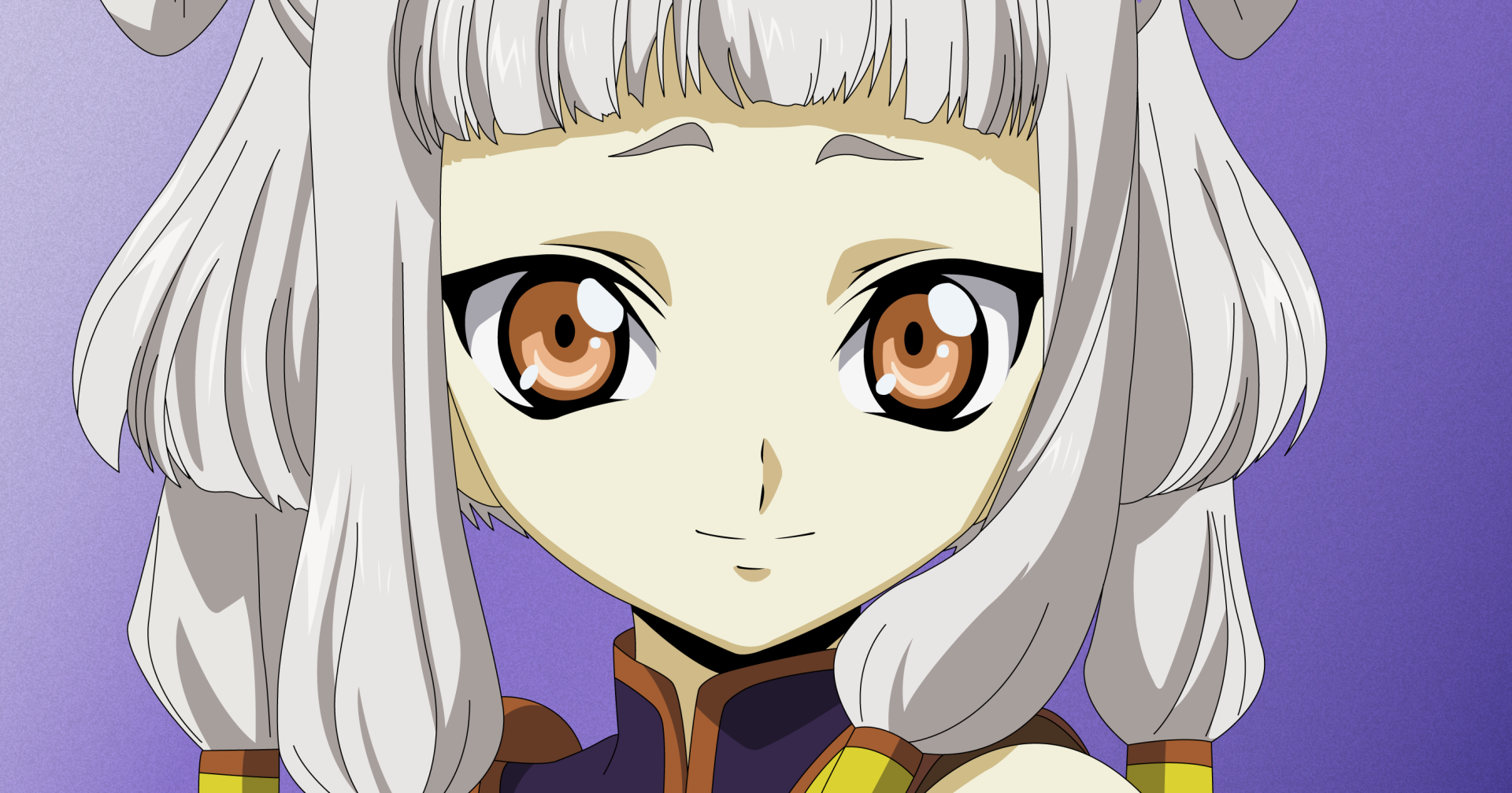 Close-up Code Geass anime portrait of a pale girl with white hair and amber eyes against a purple backdrop — 2K Quad HD PC desktop wallpaper and background.