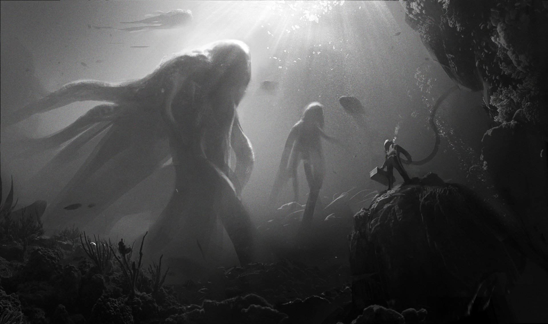 Black and white underwater fantasy scene featuring mysterious, large octopus-like creatures and fish, rendered in HD for PC desktop wallpaper and background.