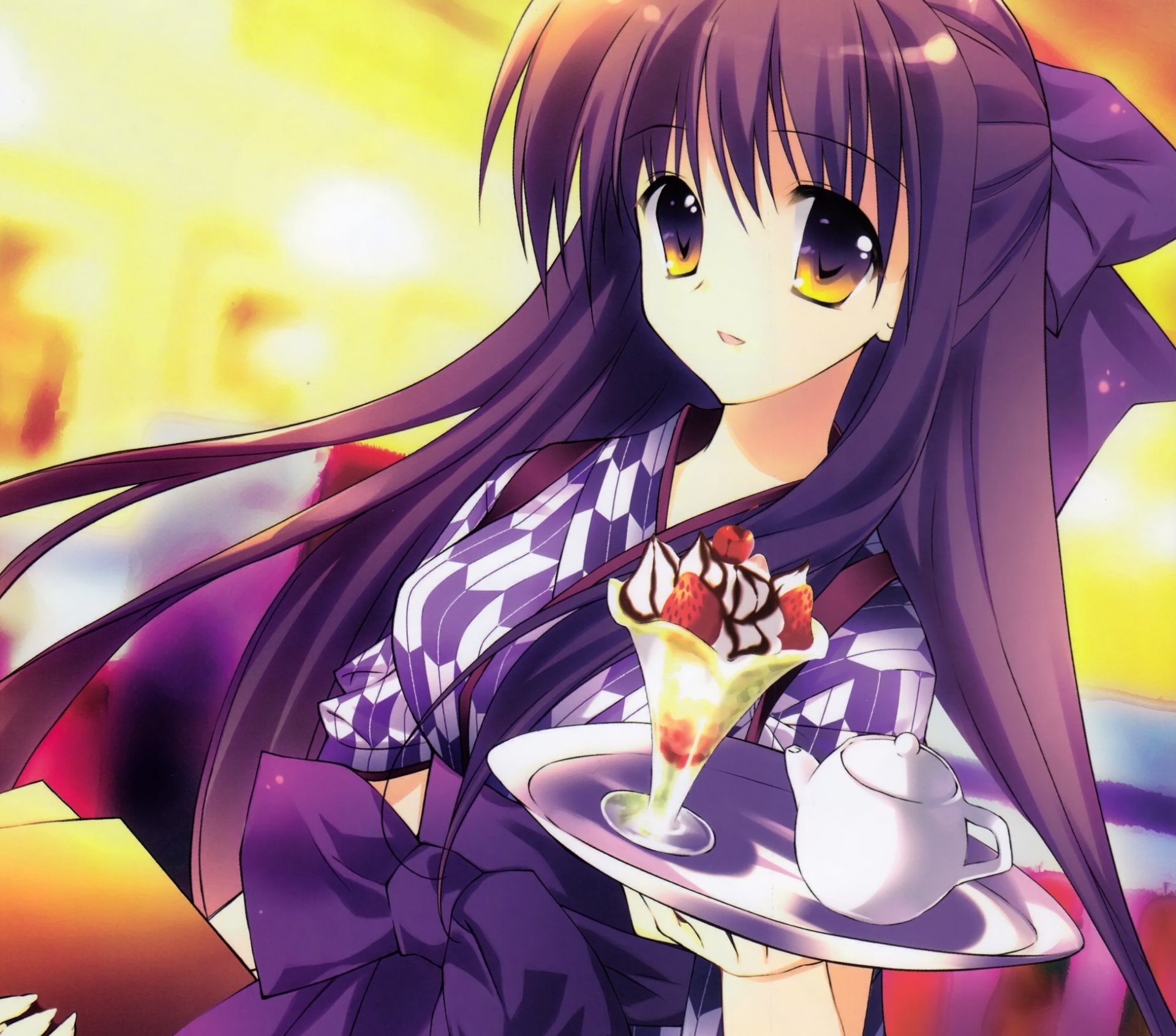 Download Purple Hair Teapot Kimono Yellow Eyes Bow (Clothing) Long Hair Smile Anime Original HD Wallpaper by REI