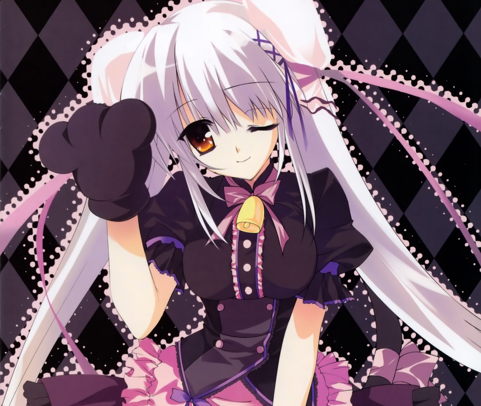 Download Glove Smile White Hair Twintails Bell Bow (Clothing) Blonde Wink Long Hair Anime Original HD Wallpaper by REI