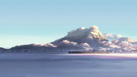 HD desktop wallpaper of an anime scene from 5 Centimeters per Second, depicting a serene landscape with a majestic mountain and a tranquil sky.