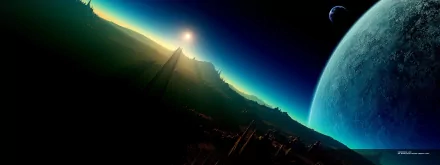 HD Sci-Fi desktop wallpaper depicting a dramatic planet rise over an alien landscape with distant celestial bodies glowing in the horizon.
