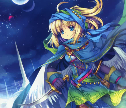belt glove wings moon blue eyes blonde long hair Anime Original HD Desktop Wallpaper | Background Image