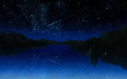 HD desktop wallpaper of an anime-inspired night sky from Darker than Black, featuring a star-filled sky and a tranquil lake reflecting the starlight.