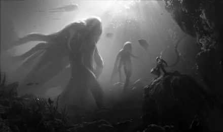 Black and white underwater fantasy scene featuring mysterious, large octopus-like creatures and fish, rendered in HD for PC desktop wallpaper and background.