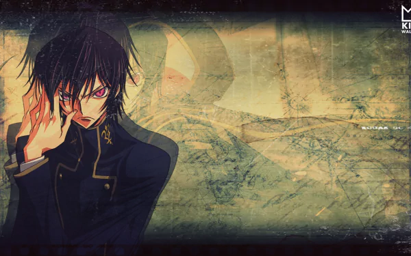 HD anime desktop wallpaper featuring a dark, intense character from Code Geass with a textured, abstract background.