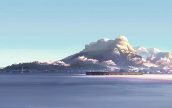HD desktop wallpaper of an anime scene from 5 Centimeters per Second, depicting a serene landscape with a majestic mountain and a tranquil sky.