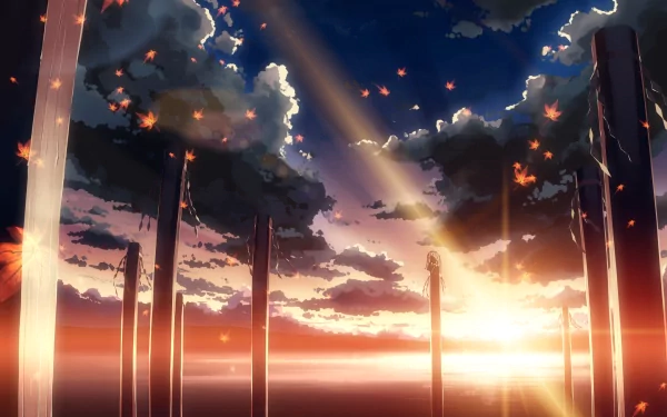 A serene HD wallpaper featuring vibrant autumn leaves against a stunning sunset, with Kanako Yasaka from the Touhou anime amidst dramatic scenery and towering pillars.