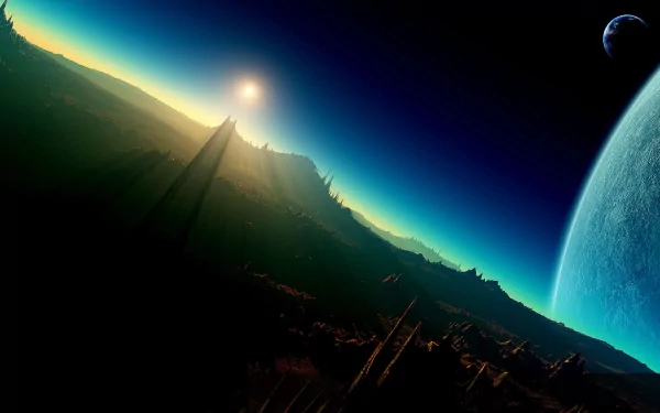 HD Sci-Fi desktop wallpaper depicting a dramatic planet rise over an alien landscape with distant celestial bodies glowing in the horizon.