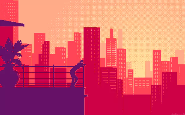 Pixel art HD wallpaper of a solitary figure leaning on a railing, overlooking a vibrant cityscape dominated by tall buildings, bathed in warm hues.