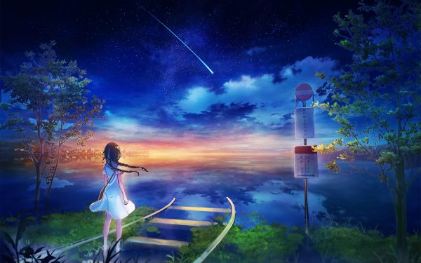Anime Original Comet Moon Sea Sunset HD Wallpaper | Background Image