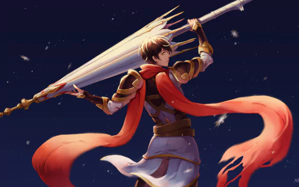 HD PC desktop wallpaper featuring an anime character from The King's Avatar wielding a large weapon with a flowing red scarf against a dark, starry background.