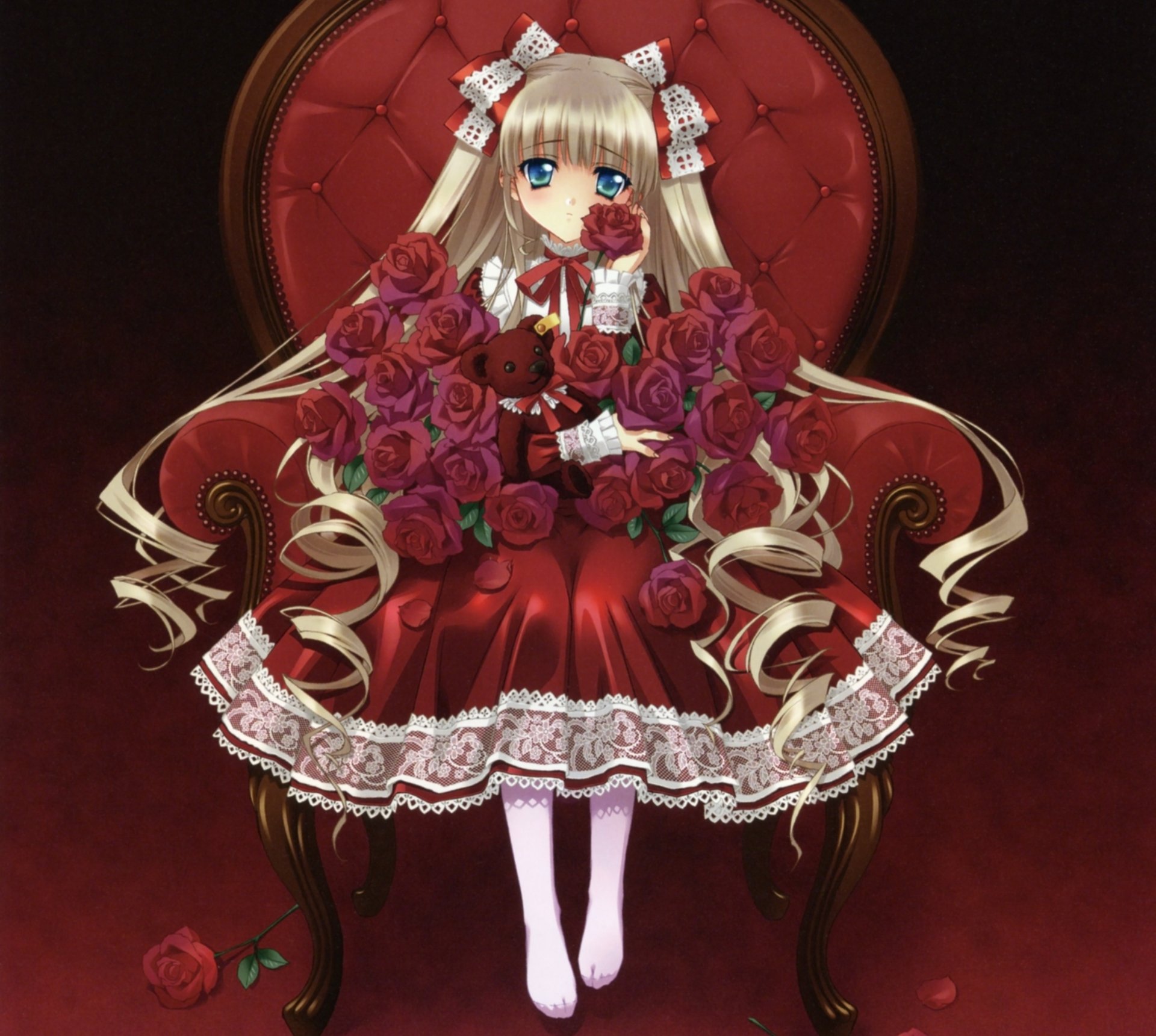 Anime original 4K desktop wallpaper: blonde long-haired girl in twintails with blue eyes and blush, wearing a bow-adorned red dress, holding roses and a teddy bear on a red velvet chair.