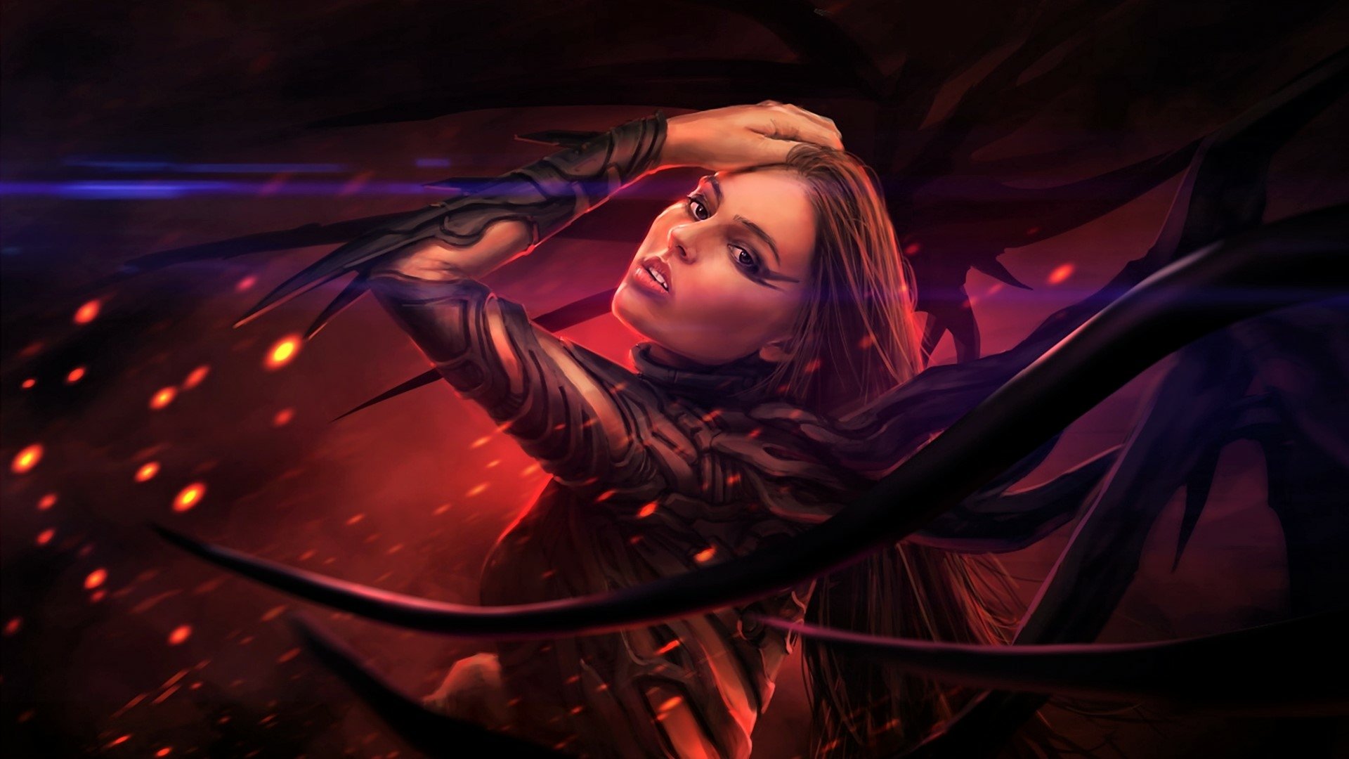 Futuristic fantasy woman in sleek armor, glowing embers and flowing hair against red-purple light — HD PC desktop wallpaper/background, moody and cinematic.