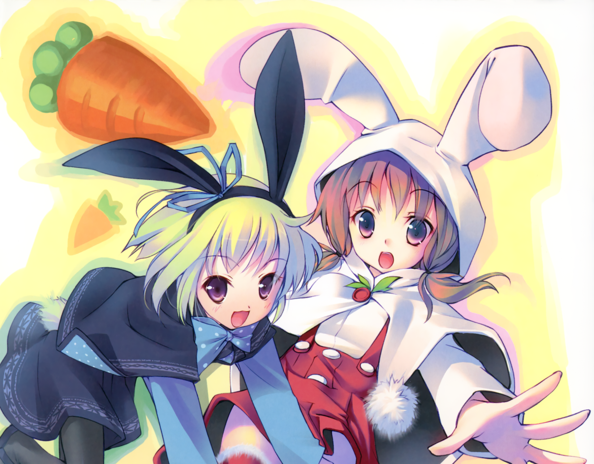Anime-style HD desktop wallpaper featuring two characters with long hair, brown and blonde, wearing bunny ears and holding a carrot, both smiling with blush and distinct brown and purple eyes.