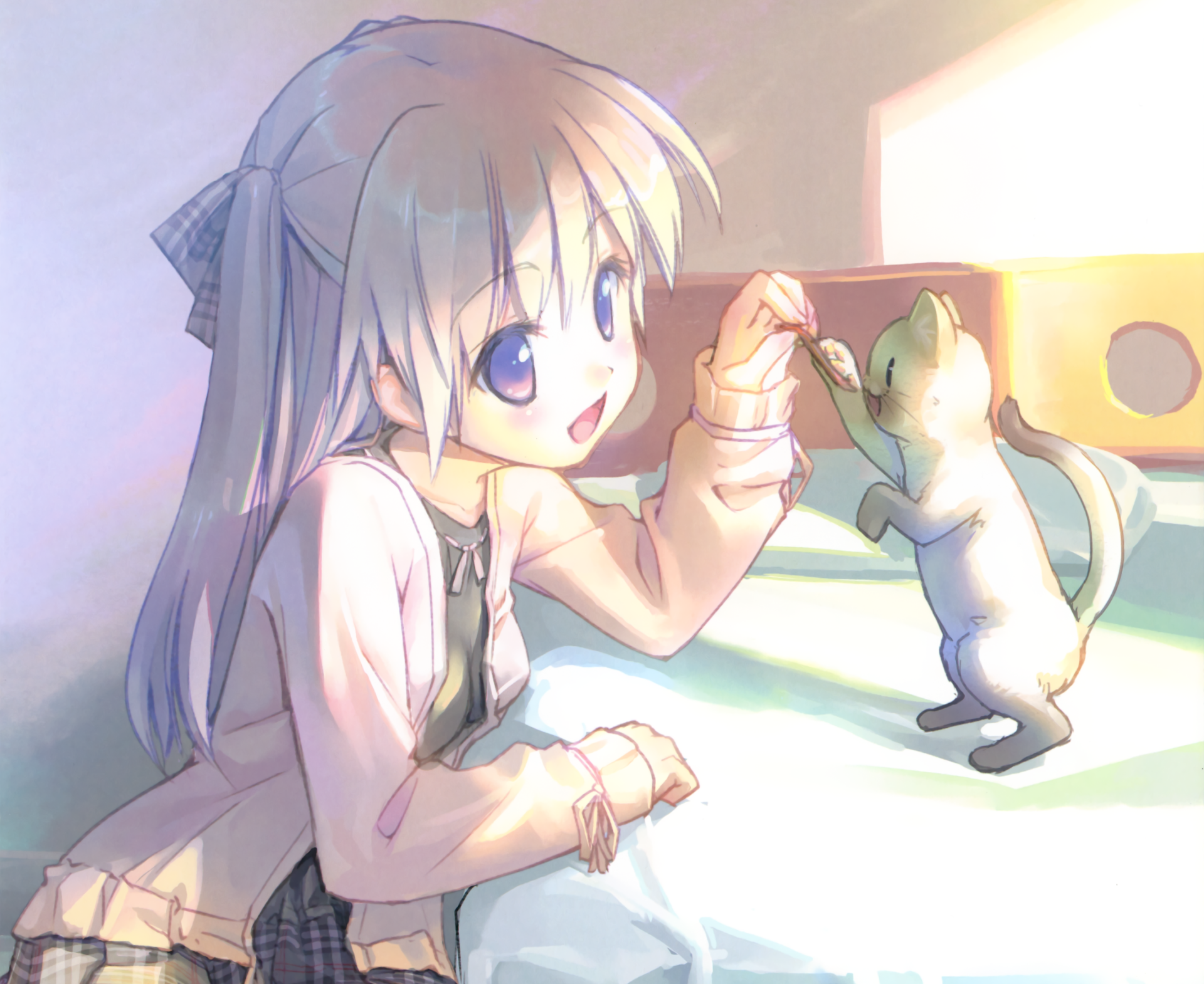 Anime girl with blonde twintails and purple eyes, wearing a light pink outfit, smiling and playing with a cat. The image is a high-definition desktop wallpaper and background.
