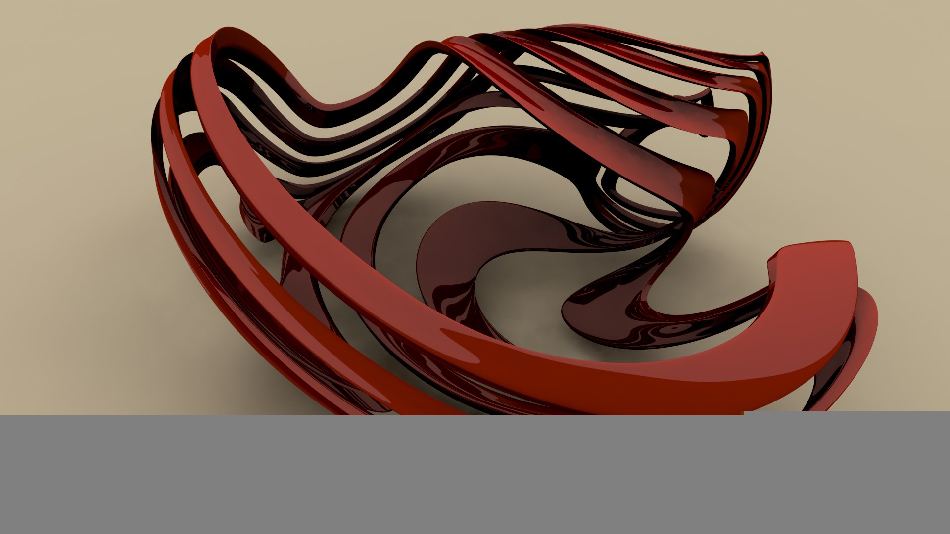 HD PC desktop wallpaper: red CGI fractal of glossy, ribbon-like abstract shapes forming a twisted, looping texture against a muted beige background.