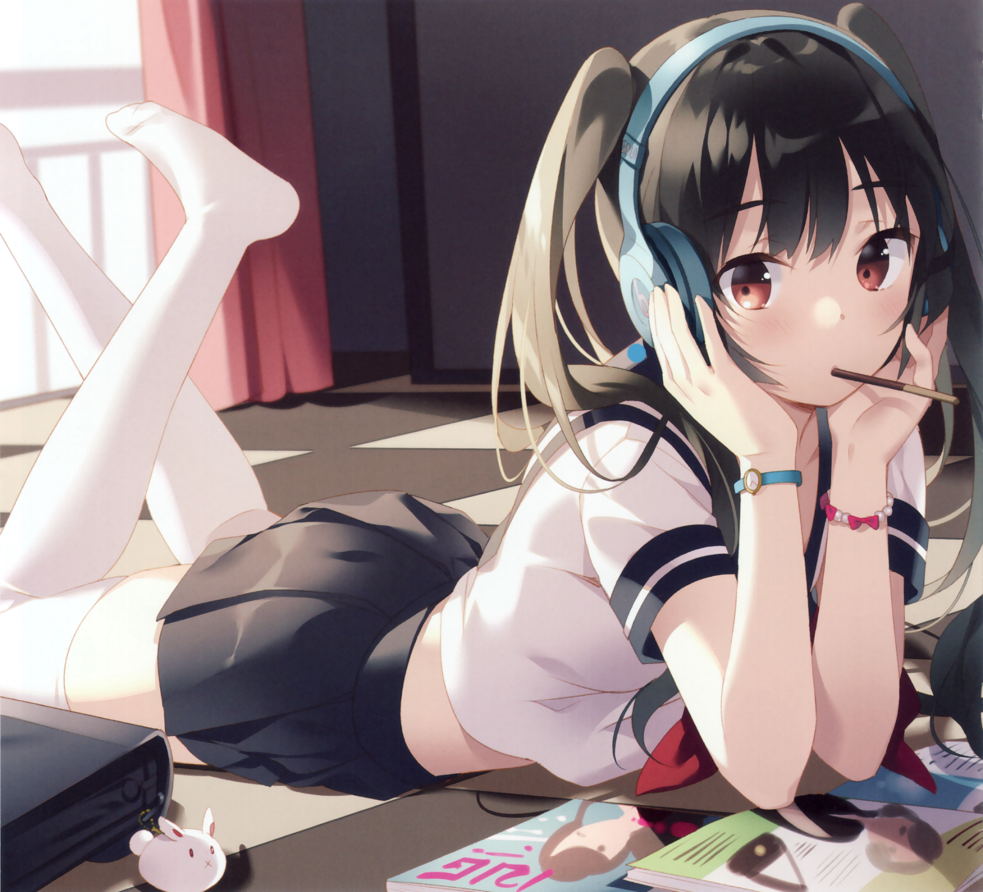 Anime-style girl with black twintails and brown eyes blushes while lying down, wearing headphones and holding a book, set in an HD PC desktop wallpaper scene.
