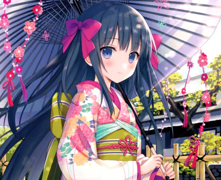 Anime-style girl with long black hair, blue eyes, and a blush smile, wearing a floral kimono and bow, holding a parasol amid pink flowers in this HD desktop wallpaper.