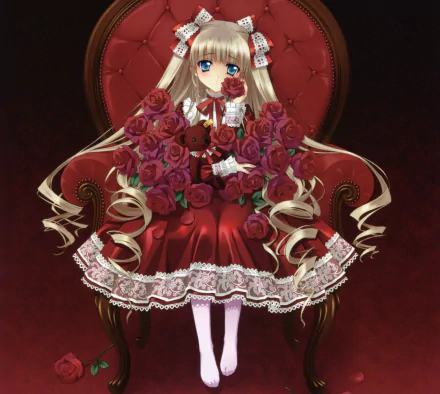 Anime original 4K desktop wallpaper: blonde long-haired girl in twintails with blue eyes and blush, wearing a bow-adorned red dress, holding roses and a teddy bear on a red velvet chair.