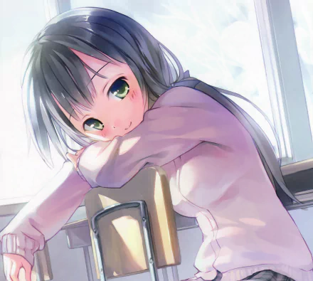 HD PC desktop wallpaper — anime original: long black-haired girl with green eyes, soft blush and a gentle smile, leaning on a chair by a sunlit window.