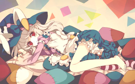 Irisu Kyouko (Irisu Syndrome) anime HD PC desktop wallpaper: reclining girl in frilly dress and bunny-eared hat, pale hair and red eyes, lounging on colorful geometric cushions.