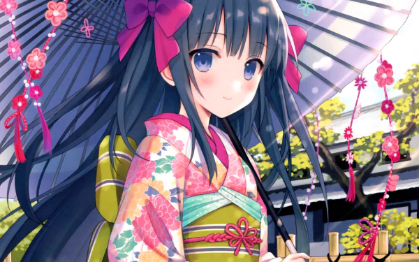 Anime-style girl with long black hair, blue eyes, and a blush smile, wearing a floral kimono and bow, holding a parasol amid pink flowers in this HD desktop wallpaper.
