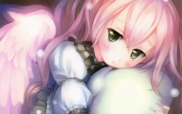 Anime angel with pink hair, green eyes, and blush, resting on a pillow with soft wings, rendered in HD as a PC desktop wallpaper and background.