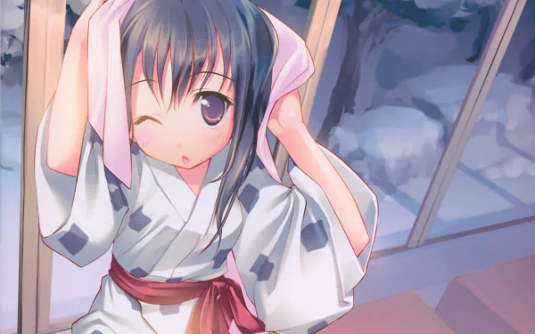 blush towel kimono purple eyes black hair long hair Anime Original HD Desktop Wallpaper | Background Image