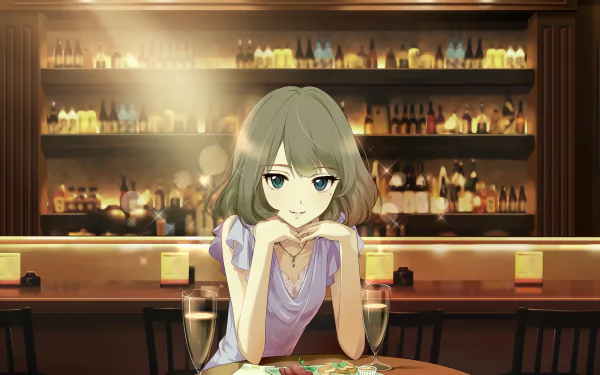 HD PC desktop wallpaper featuring Kaede Takagaki from The iDOLM@STER Cinderella Girls, seated at a bar counter with drinks and a warmly lit background.