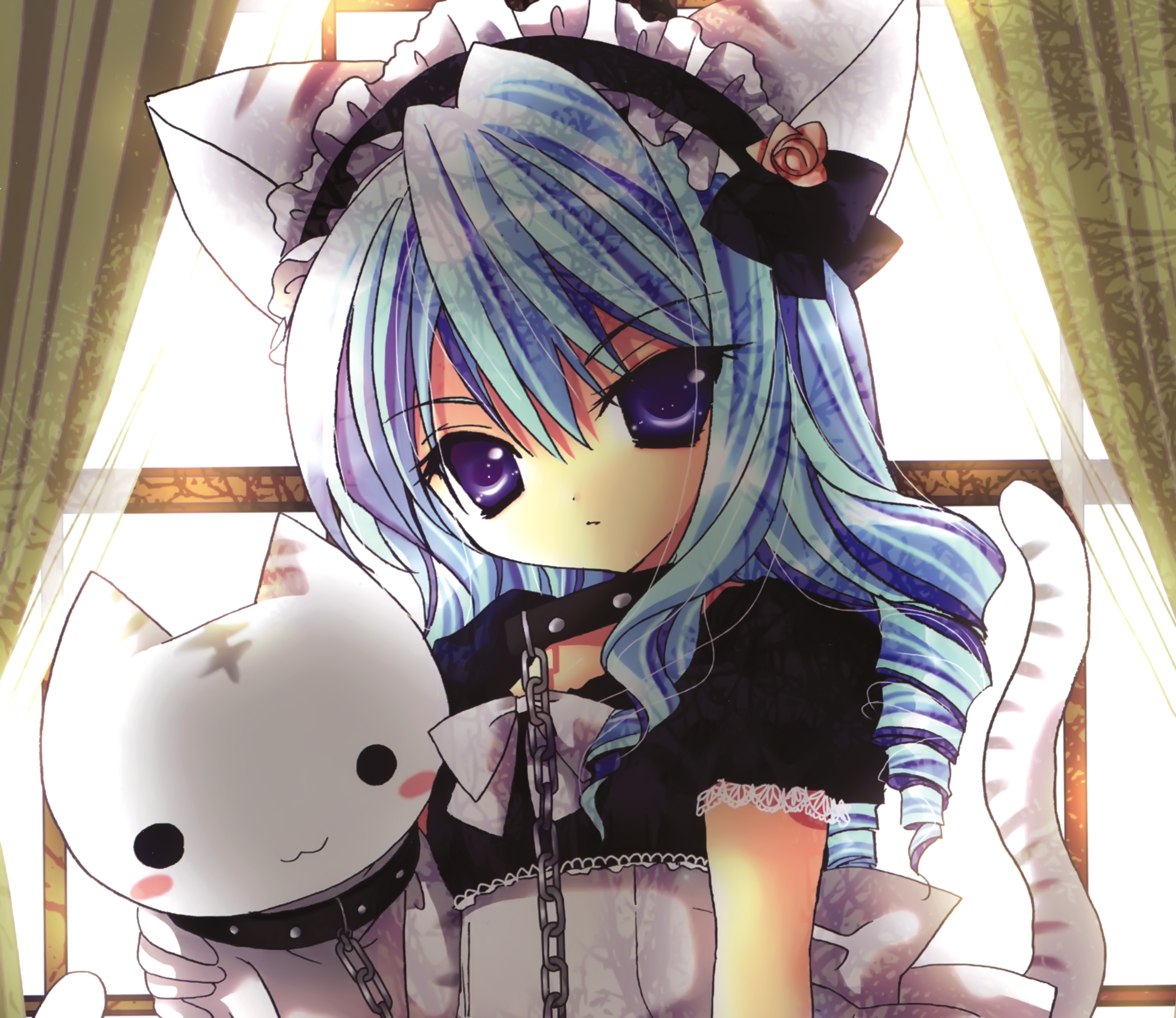 Download Bow (Clothing) Cat Maid Cat Girl Long Hair Blue Hair Blue Eyes ...