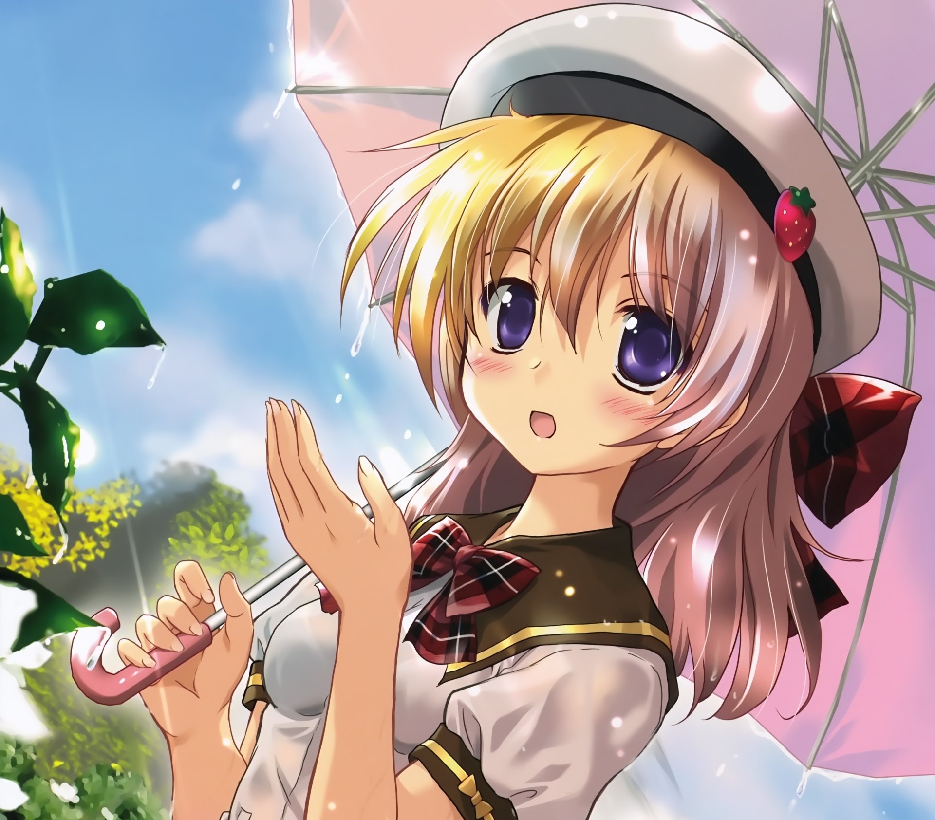 Download Bow (Clothing) Hat Flower Strawberry Blue Eyes Blush Umbrella Brown Hair Long Hair Anime Original 4k Ultra HD Wallpaper by E-ji Komatsu