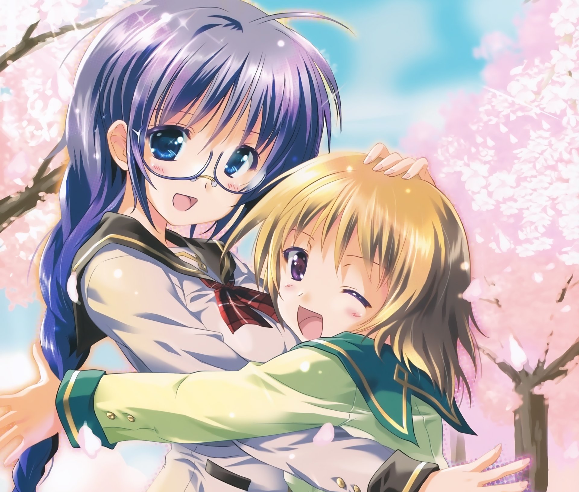 Download Cherry Blossom Purple Eyes Blue Eyes Wink Blush Smile Hug Blonde Short Hair Blue Hair Long Hair Anime Original 4k Ultra HD Wallpaper by E-ji Komatsu